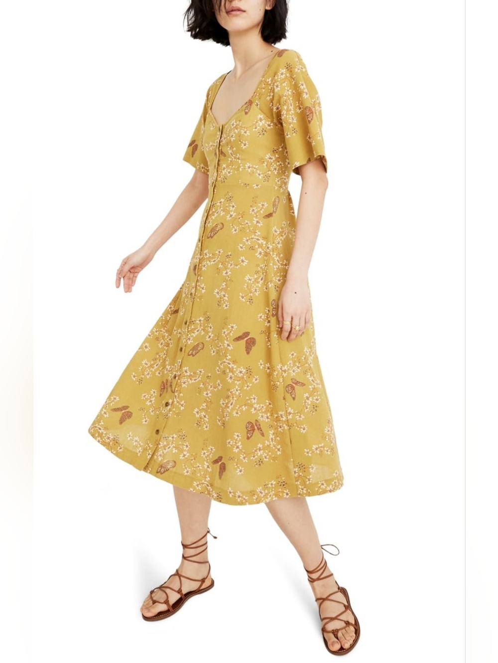 Madewell Windowbox Floral Butterfly Flutter Sleeve Midi Dress Size 4